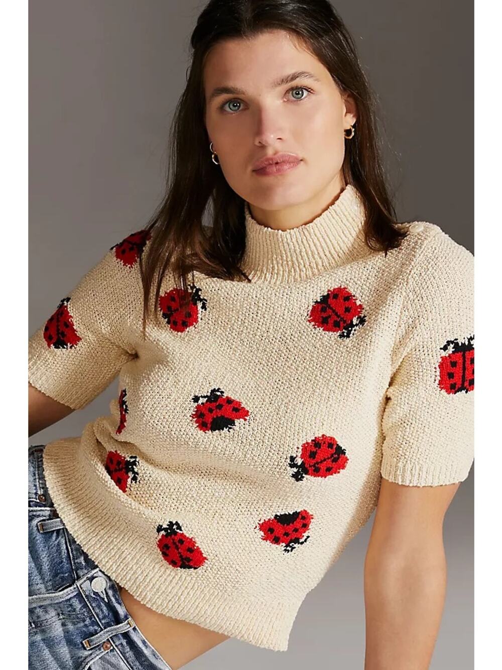 Anthropologie Maeve Ladybug Sweater | Cream Knit Mock Neck | Size Medium